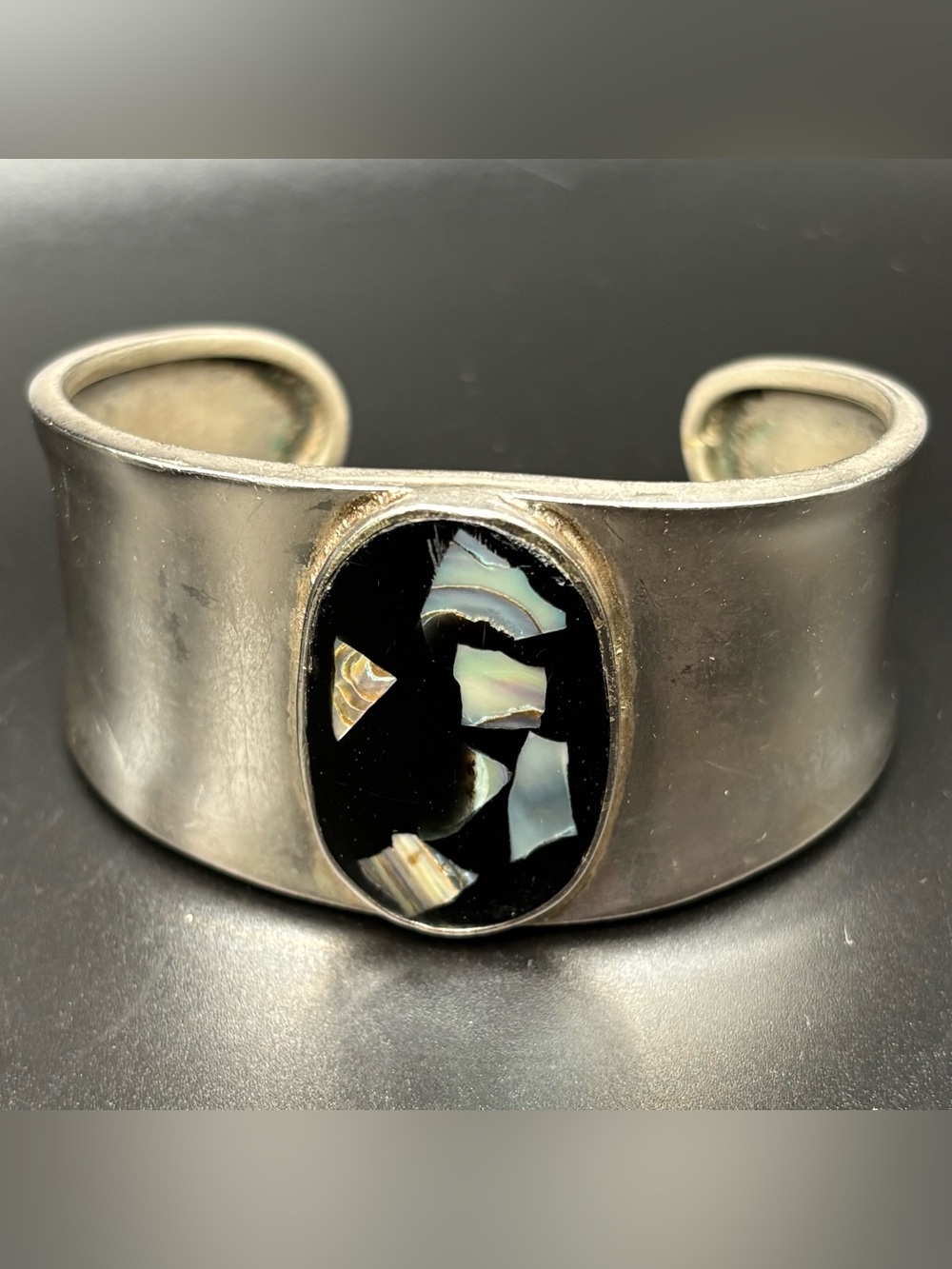 Vintage Modernist Silver Tone Cuff Bracelet Abalone Shell Inlay Chunky Statement